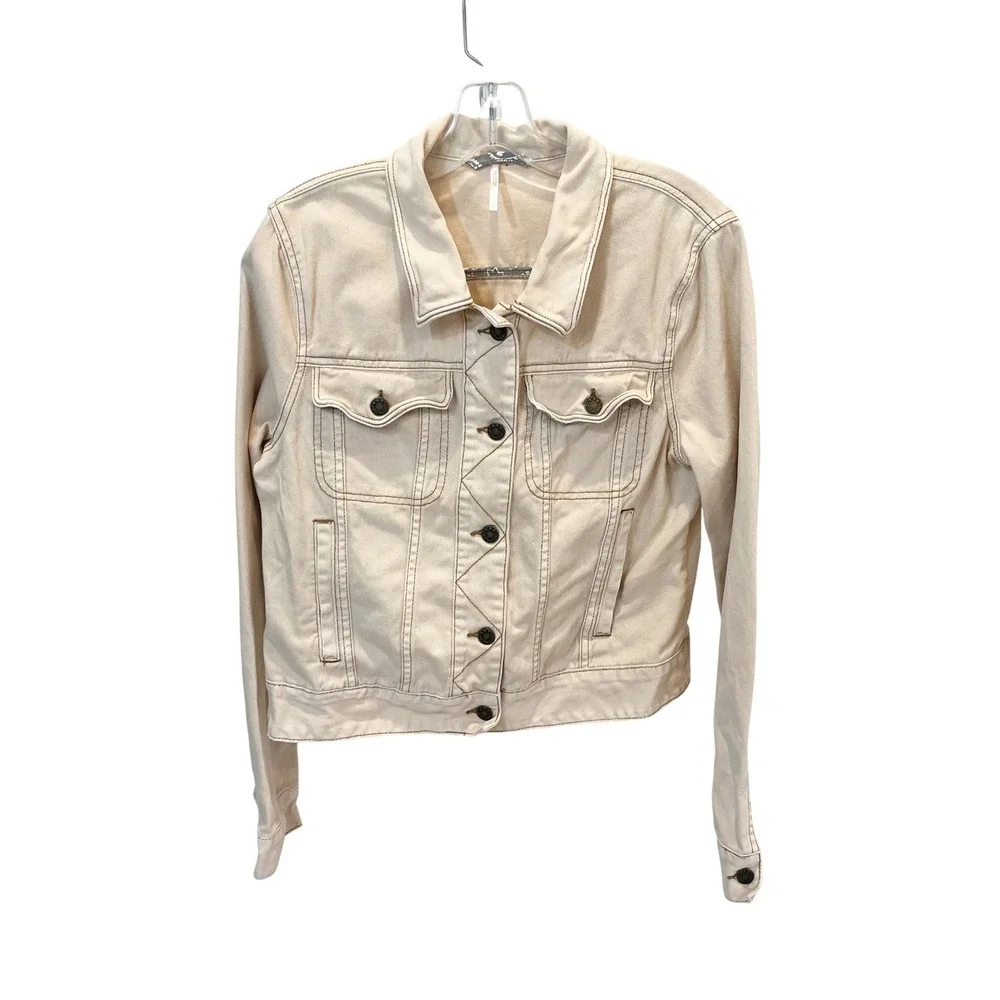 Free People Womens Tan Denim Trucker Jacket Beige Cotton Zig Zag Stitch Large - Picture 1 of 7